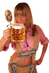 Wall Mural - Frau in Lederhose mit Bierglas