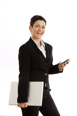 Canvas Print - Happy businesswoman with mobile phone and laptop