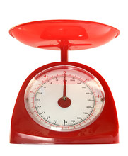 Red Kitchen Scales On A White Background.