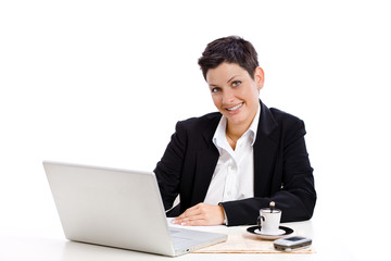 Sticker - Businesswoman working at desk, isolated on white.