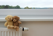 Two Teddy Bears On Top Of The Heater Or Thermoregulator.