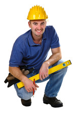 young friendly crouch manual worker isolated on white