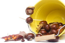 Chestnuts Spilling Out From A Yellow Bucket