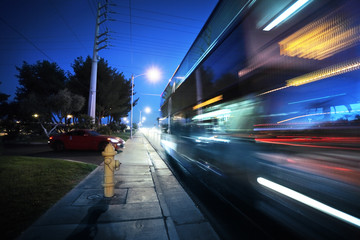 Speeding bus, blurred motion. Las Vegas Blvd., Las Vegas, USA.