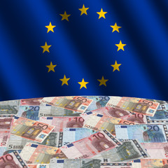 Wall Mural - rippled EU flag with euros globe illustration