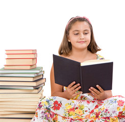 Sticker - Adorable girl with many books reading on wooden floor