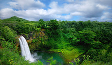 Lush Green Landscape Waterfall On The Hawaiian Islands