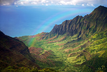 Aerial View Of Kauai Coastline In Hawaii With Rainbow