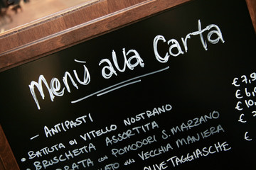 Handwritten menu sign. Blackboard outside italian restaurant