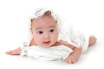 Close-up portrait. Little baby isolated on white background