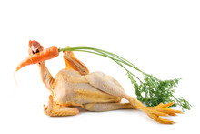 Nude Chicken Holding And Biting A Fresh Carrot