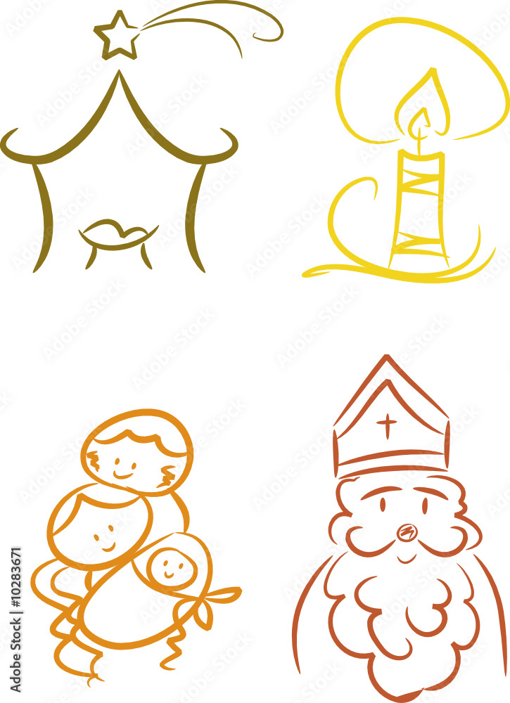 Christliche Weihnachtssymbole, Handgezeichnet (vierteilig) - Stock