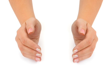 Wall Mural - Empty woman hands isolated on white background