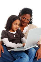 Wall Mural - Minority woman and her daughter on white background