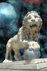 Wall Mural - lion statue with blue planet in open cosmos space
