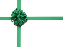 Christmas Green Ribbon And Bow On White Background