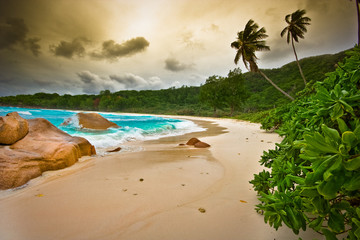 the beach with white sand on seychelles