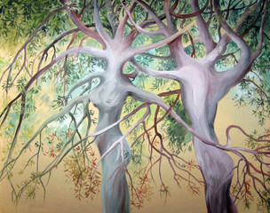 Two tree of love. Painted in watercolor on canvas