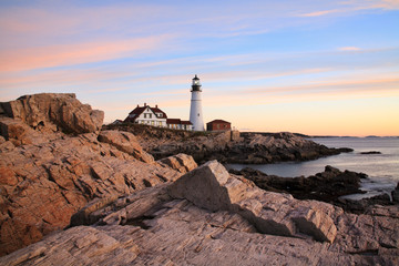 Portland Head Light At Sunrise, Portland, Maine