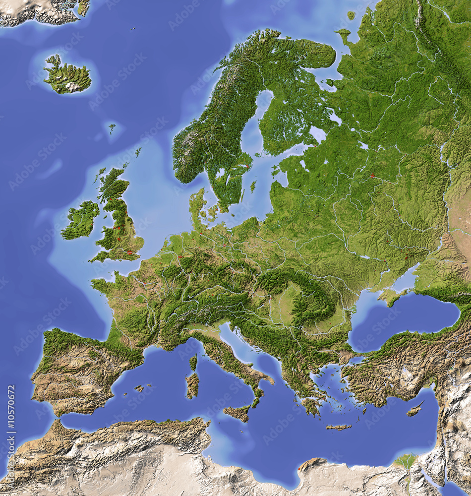 Shaded relief map of Europe, colored for vegetation. - obrazy, fototapety, plakaty 
