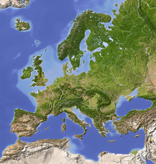  Zacieniowana, reliefowa mapa Europy, barwiona dla roślinności.