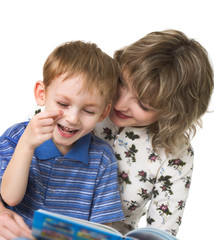 Wall Mural - Happy son with mother read the book