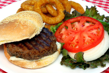 Hamburger, Onion Rings, Tomato, Onion, Lettuce