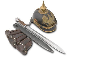 Composition with old German helm, bayonet and cartridge pouch