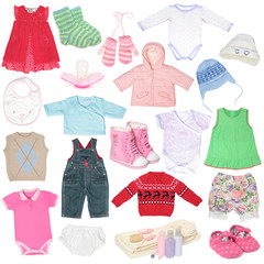 Different child`s clothes, shoes and accessories.