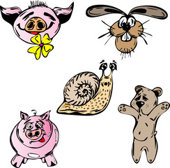 Rabbit, bear, snile and two pigs in vector illustration