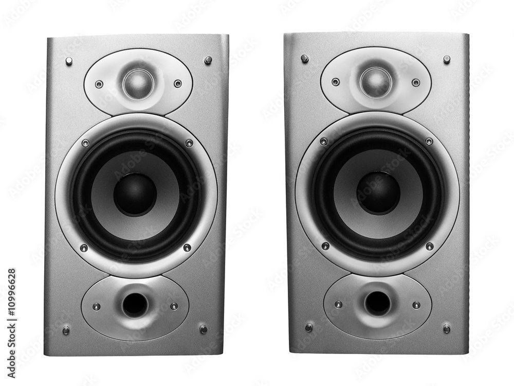 pair of stereo speakers isolated on white background - obrazy, fototapety, plakaty 