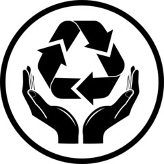 Poster - Vector recycle symbol in hands icon. Black and white.