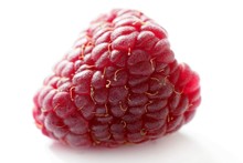One Red Macro Raspberry Over White Background