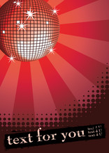 Mirror Disco Ball On Red Rays Background. Vector Illustration.