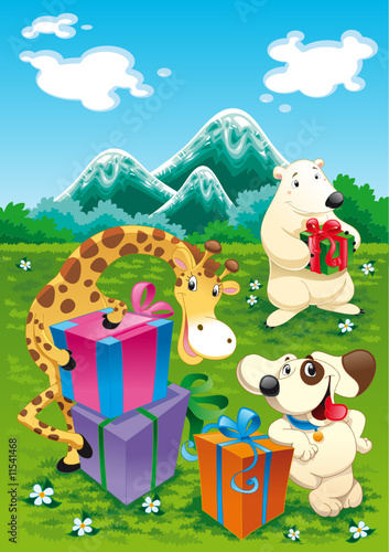 Foto-Doppelrollo - Animals and gifts with background (von ddraw)