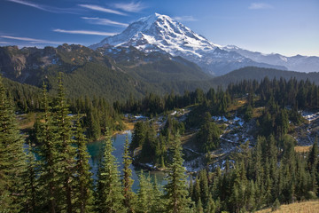 View of Mount Rainier with a lake in the foreground