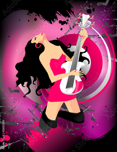 Plakat na zamówienie Beautiful girl playing guitar on abstract grunge background