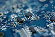 Circuit computer board chip. Computer hardware technology. Circuit computer board. Close up blue color.