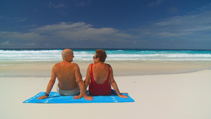 Wall Mural - senior couple sitting on the beach part I