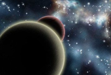 Wall Mural - digital created starfield with cosmic nebula and planets