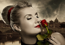 Beautiful Young Woman With Red Rose. Retro Potrait