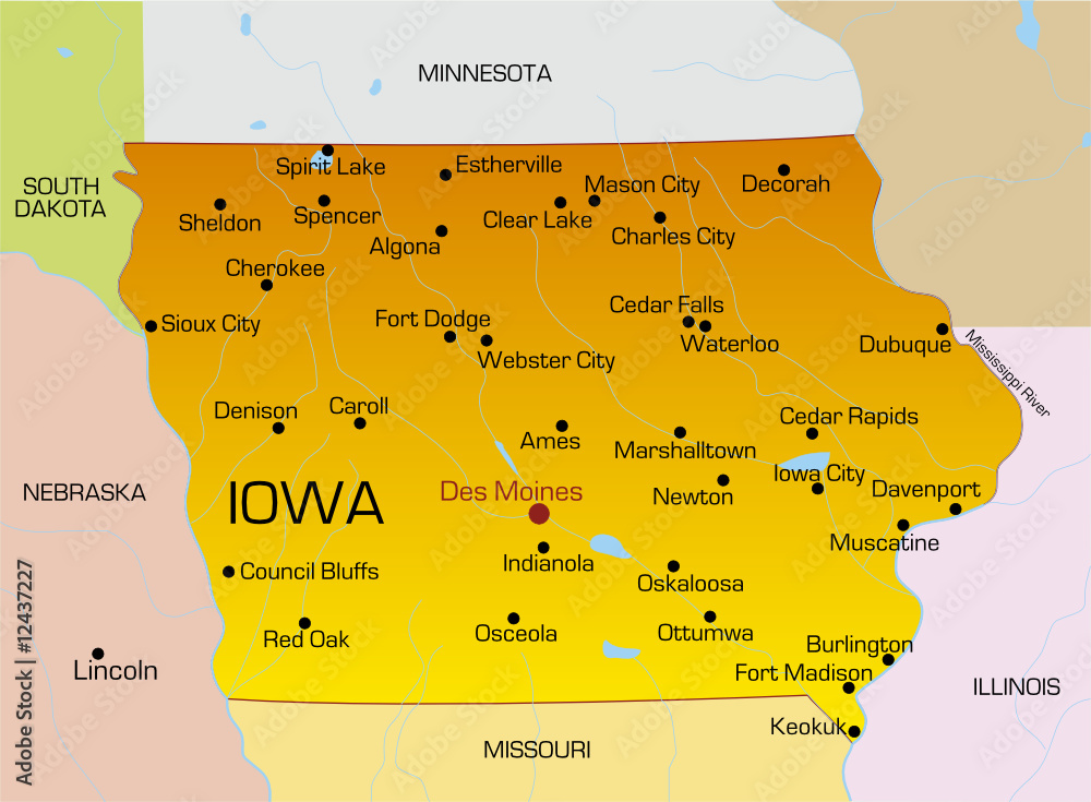 Vector color map of Iowa state. Usa Stock Vector | Adobe Stock