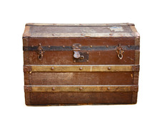 Antique Rusty Travel Trunk Over White With Clipping Path