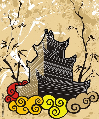 Naklejka - mata magnetyczna na lodówkę Chinese pagoda abstract background, traditional painting, vector