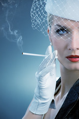 Canvas Print - Beautiful smoking woman. Retro portrait