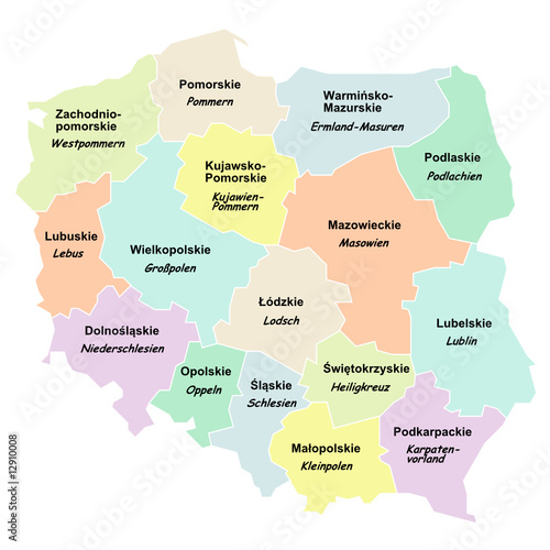 Polen Woiwodschaften mit Namen auf Polnisch und Deutsch Adobe Stock
