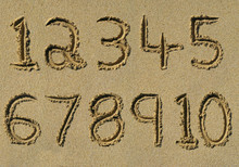 Numbers One To Ten Written On A Sandy Beach.