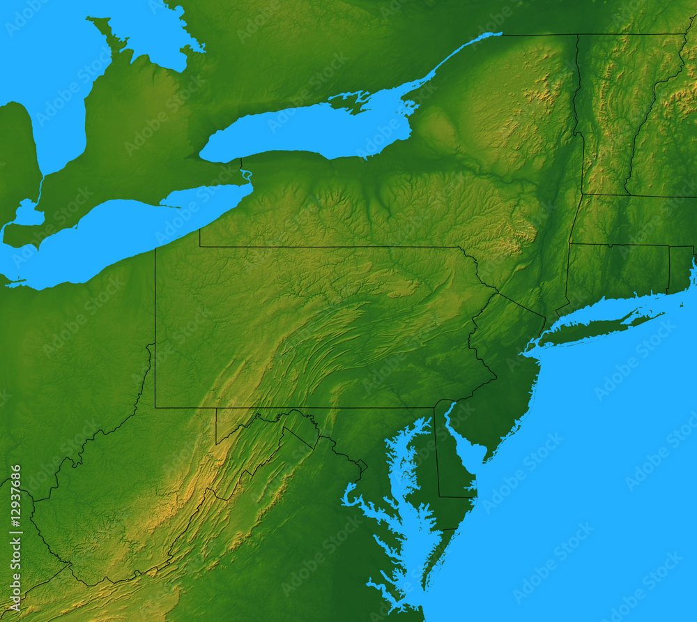 Northeastern USA map with Terrain