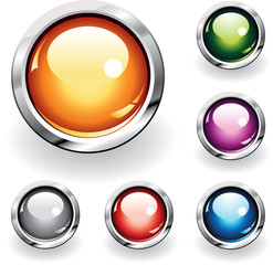 Collection of six glossy buttons in various colors