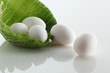 Eier auf gruenem Blatt auf weissem Acryl